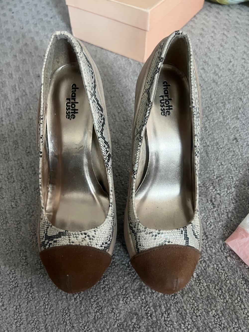 Charlotte Russe Snake-Print Platform Pumps with Brown Cap Toe